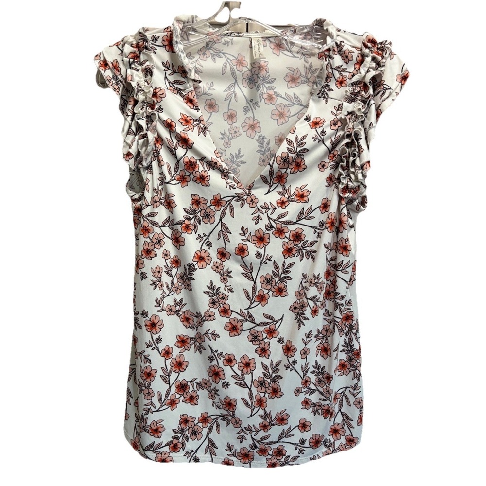 Per Seption Floral White/Orange V Neck Size M Short Cap Sleeve‎ Ruffles